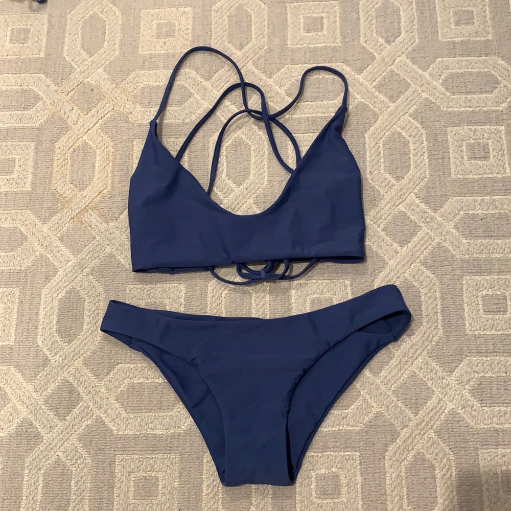blue strappy-back bikini